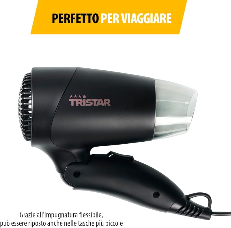 Asciugacapelli da viaggio - Impugnatura pieghevole - Dimensioni compatte - Potente 1200 Watt - Nero - HD-2460