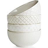getstar Ceramic Soup Bowls, Cereal Bowl Set of 4 with Assorted Embossment (6.1 inch & 30 oz), Farmhouse Vintage Color Bowls for Kitchen