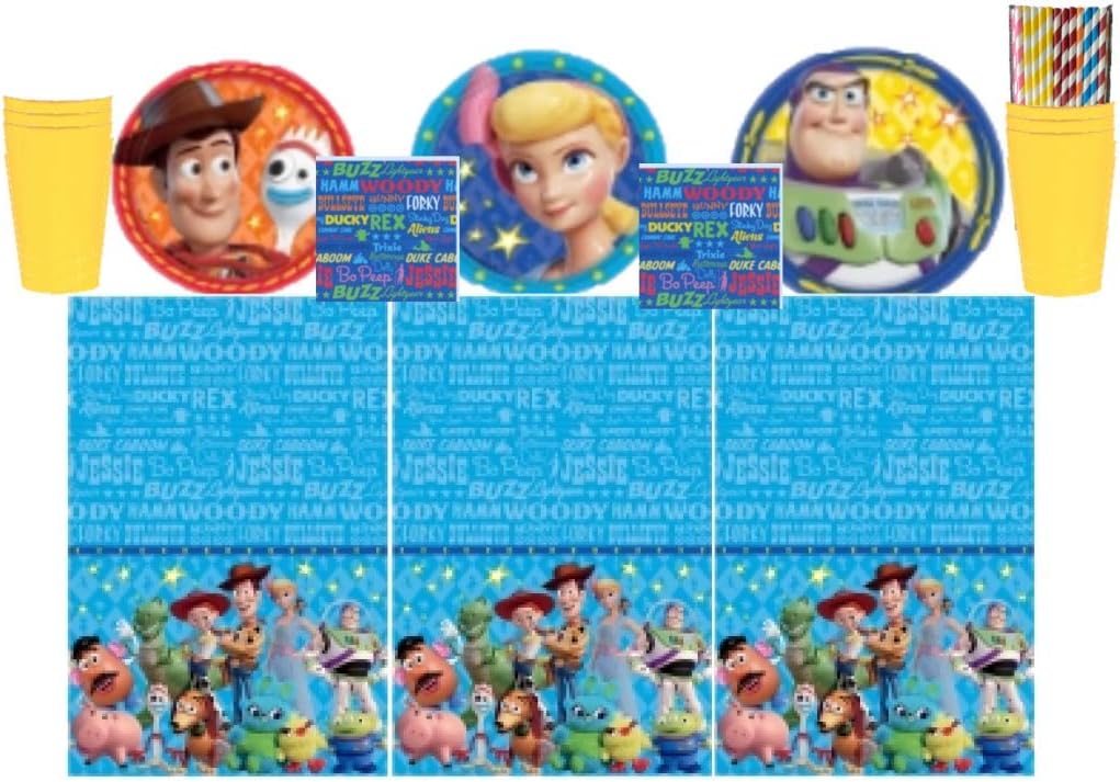 Toy Story 4 Party Kit for 16 Guests: Plates, Cups, Napkins, Tablecloth and ElevenPlus2 Straws