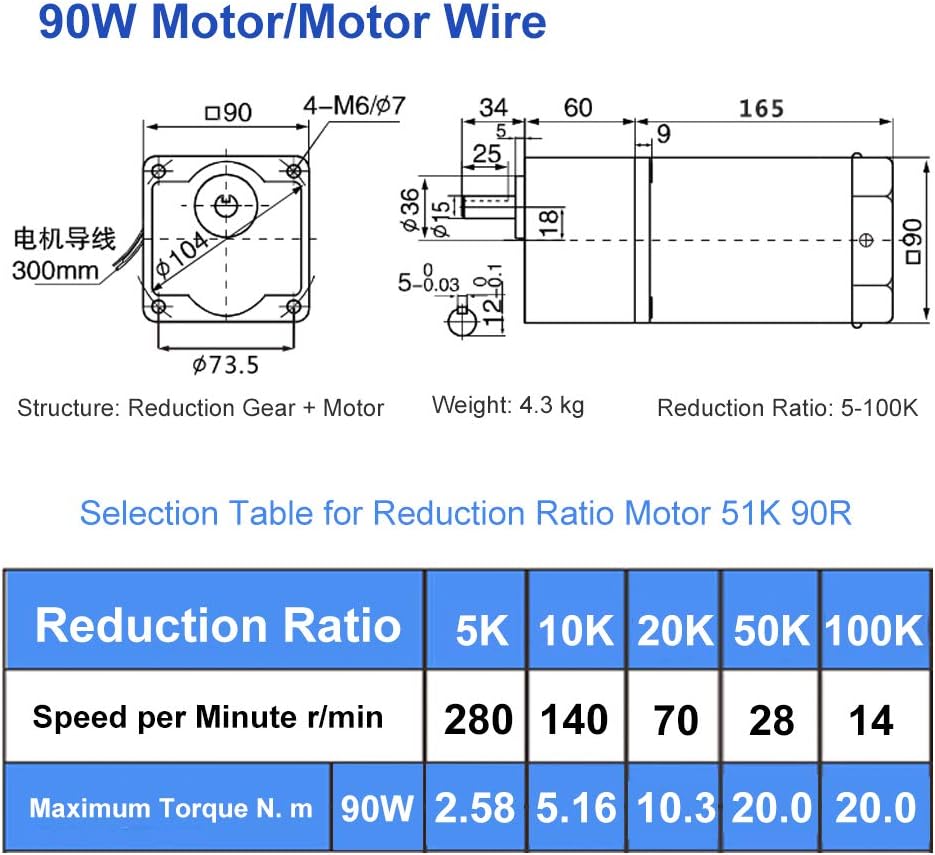 Electric Gear Motor, Walfront AC 220V 90W Single Phase Asynchronous Gear Motor High Torque Deceleration Adjustable Speed 5K/10K/20K/50K/100K RPM Optional(5k) - - 