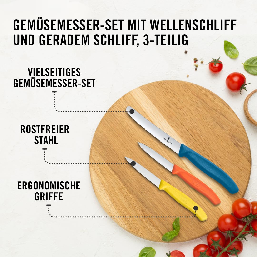 Victorinox Swiss Classic Küchenmesser Set, 3teilig, Gemüse-, Tomaten- und Frühstücksmesser, Scharfe Klinge, Rostfreier Stahl, Gelb/Orange/Blau 3