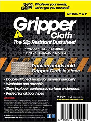 Gripper Cloth DUST Sheet Non Slip: 9ft X 6ft (274CM X 182CM) Anti Slip Safety Cushioned, Beaded, Trade OR DIY Lightweight, Durable, Dust-Proof & Washable Reusable Shields for Painting, Decorating