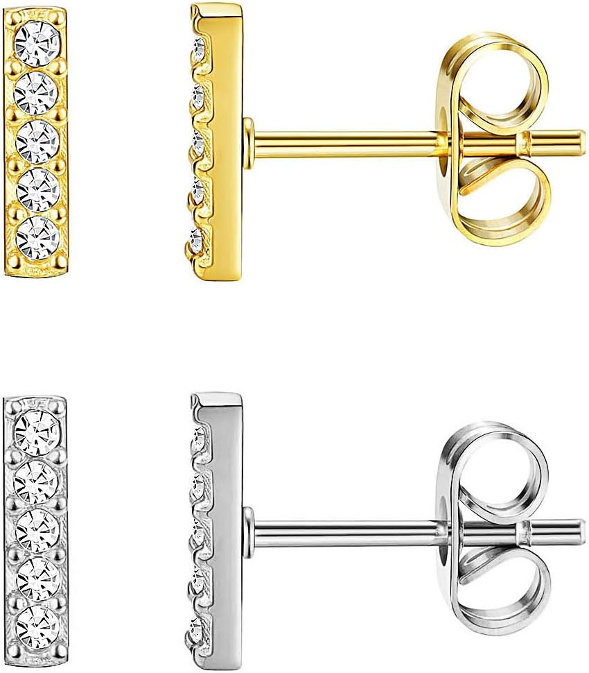 JOERICA 2-3 Pairs Stainless Steel Stick Stud Earrings for Women Cubiod Bar Stud Earrings CZ Inlaid