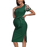 Floral Mesh Bishop Short Sleeve Maternity Midi Dress, Side Split Maternity Bodycon Dress for Baby Shower/Photoshoot