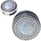SoScene Stainless Steel Gem Rim Button With Synthetic White Opal Center Screw Back ear gauges-ear plugs (10MM ( 00 GAUGE ))