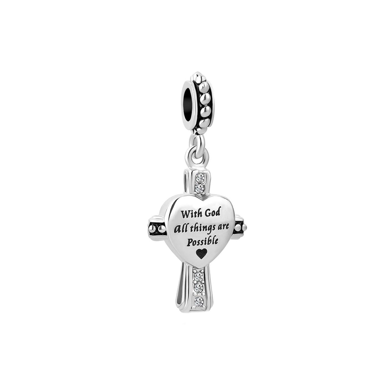 Women Cross Love Heart Jesus Religion Charm Compatible with Pandora Charm Bracelets Engraved With God All Things are Possible