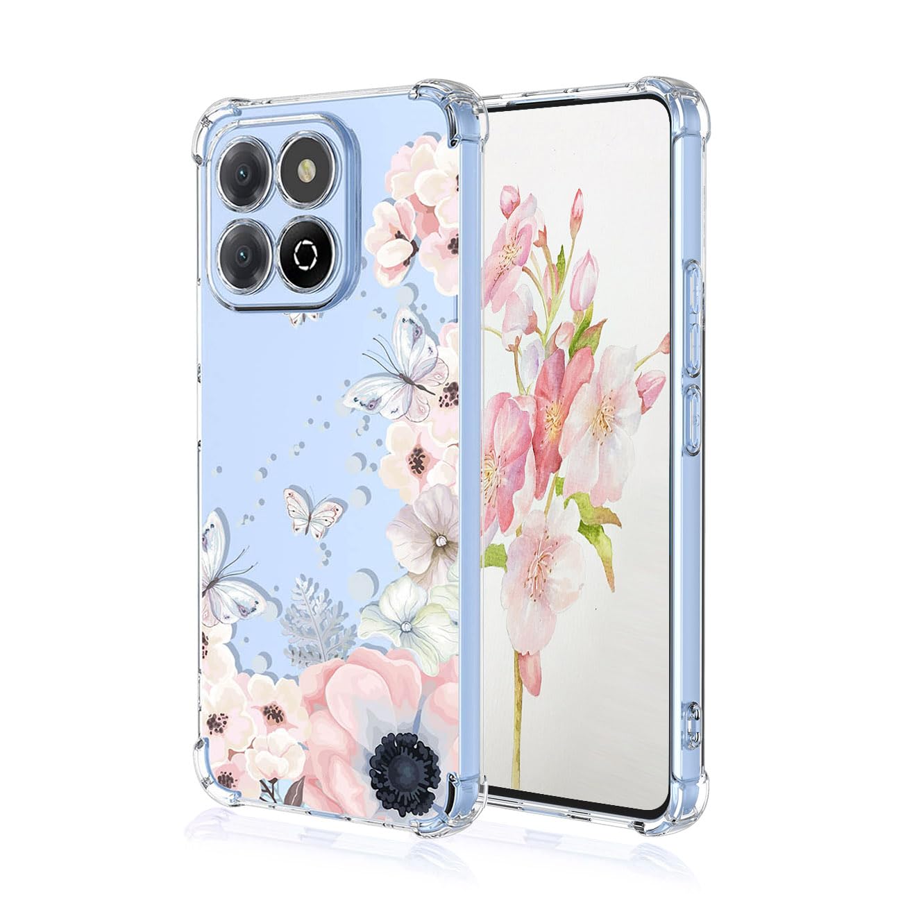 YUEQIAN Case for Honor X6b, Fashion Flower Cartoon Pattern Clear Cover, Ultra Thin Soft TPU Silicone Bumper Shockproof Boy Girl Transparent Cover (Sakura)