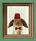 BUNNY RABBIT Art Print with Lop Rabbit with tassled FEZ and a bow tie illustration beautifully upcycled dictionary page book art print