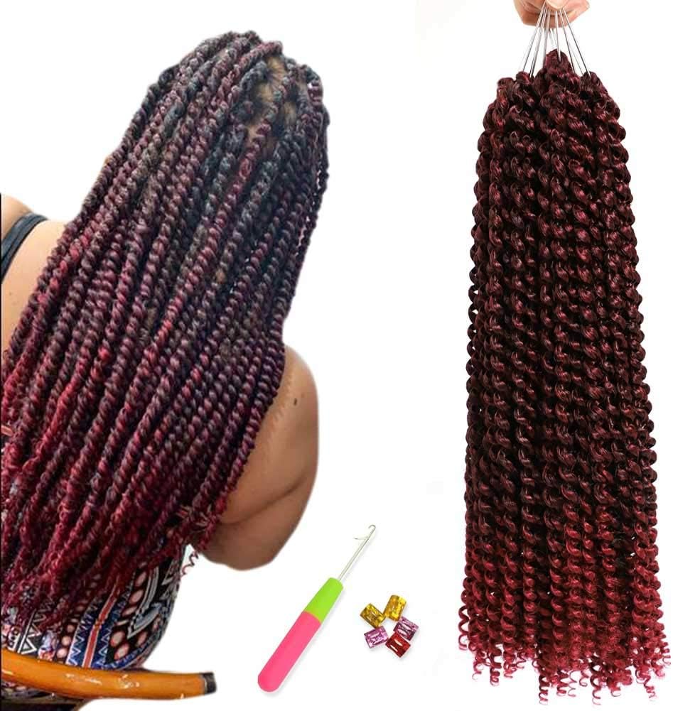 Passion Twist Hair 18 Inch Burgundy Red Water Wave Crochet Hair 6 packs/lot Bohemian Braiding Hair for Making Pre Twisted Passion Twist Crochet Hair Soft Pre Stretched Hair For Black Women(18”,T1B/BG#)