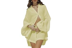 Fixmatti Women 2 Piece Outfits Summer Shorts Sets Lantern Sleeve Button Down Shirt and Shorts Sweatsuit