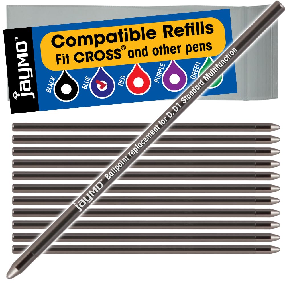 Jaymo Replacement for Cross 8518-6 and Schmidt 635 - Measures 2.625 in / 67 mm Long - D (D1) Standard Multifunction Mini Ballpoint Pen Refill - 12 Blue