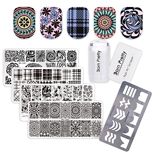 BORN PRETTY Nail Art Stamp Stamping Templates Stamping Tool Set 2.8cm Clear Silicone Stamper Scraper Stamping Plate Guide Template 6PCS