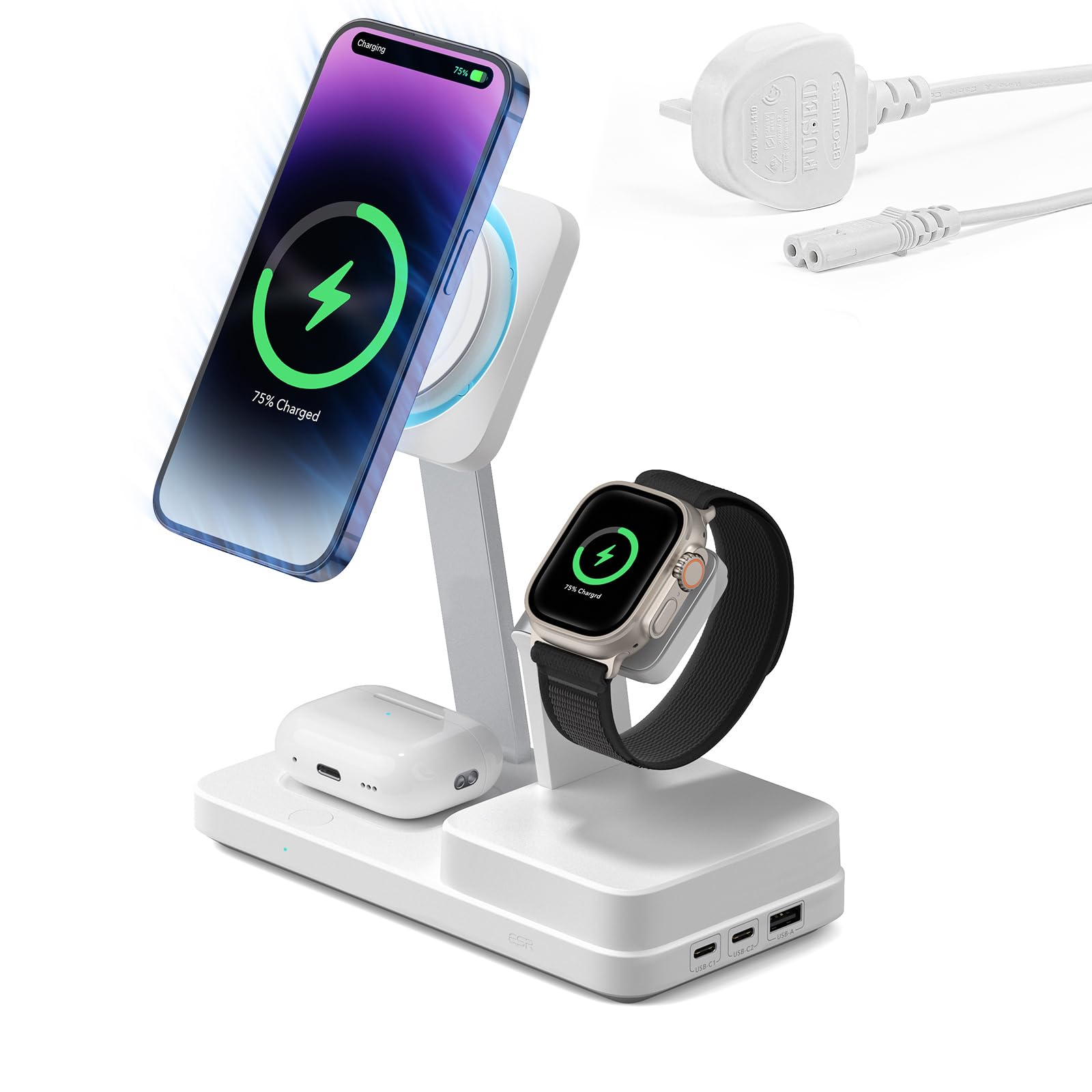 ESR 100W 6-in-1 Charging Station with CryoBoost, Compatible with MagSafe Charger Stand, Magnetic Wireless Charger for iPhone 17/16/15/14/13/12, AirPods Pro 4/3/2, and USB-C/A, White