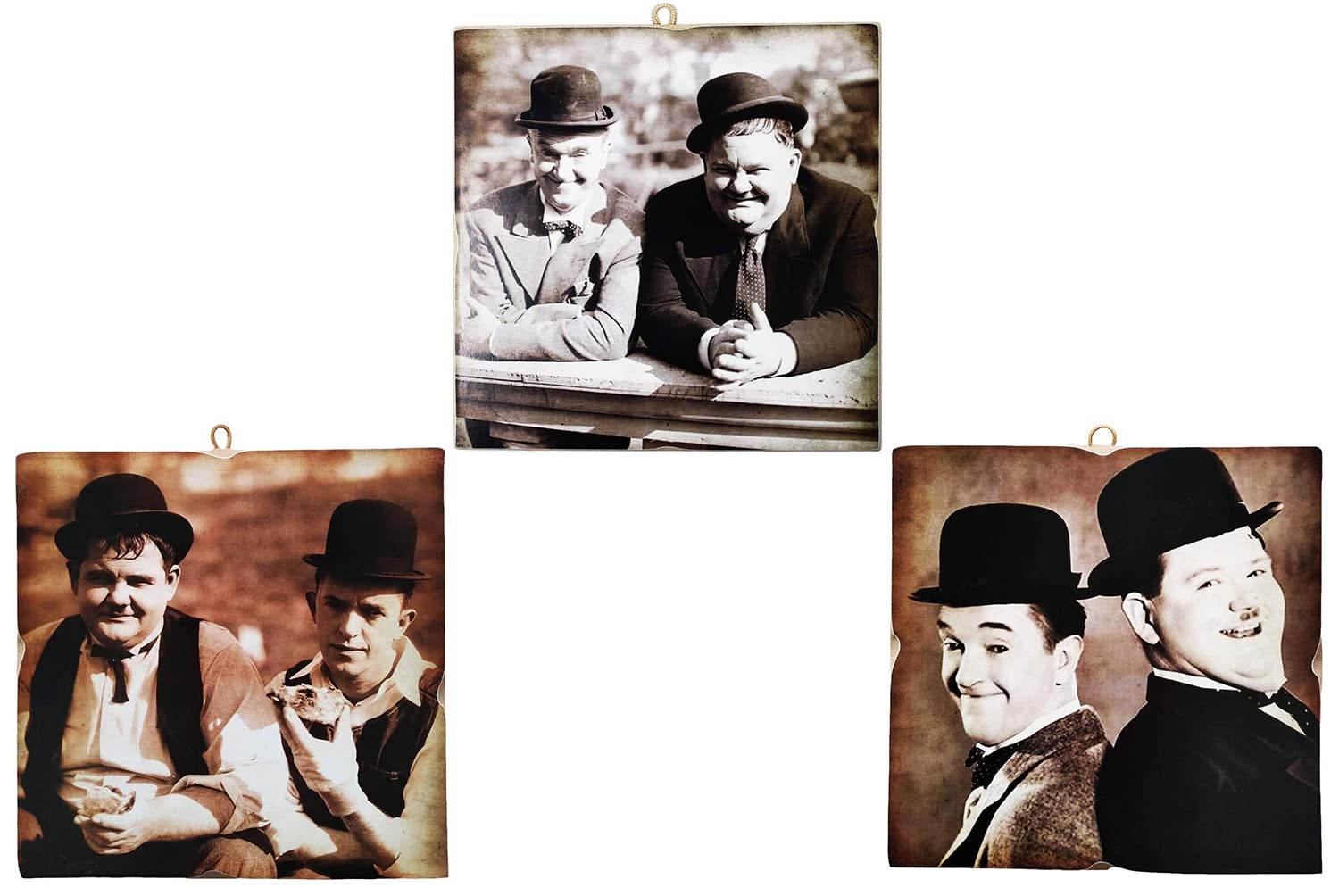 KUSTOM ART Composition of 3 Paintings Vintage Style Famous Actors Stanlio and Ollio (Stan Lauren & Oliver Hardy). Print on Wood 23x23 cm each picture