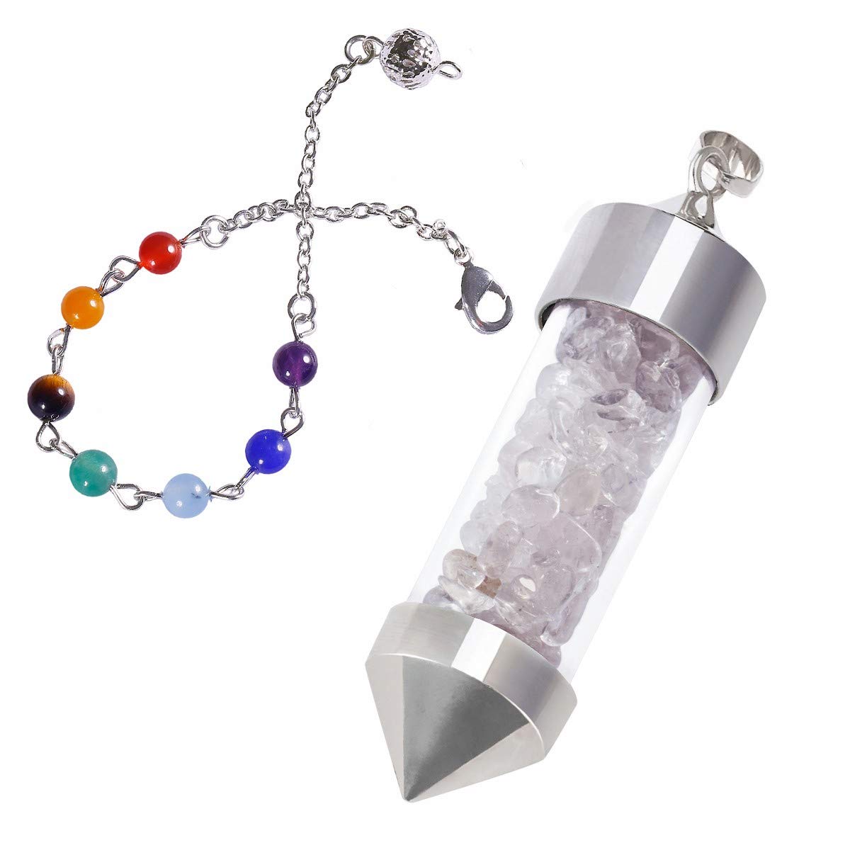mookaitedecor Clear Quartz Crystal Pendulum Bottle Crystal Pendant Necklace Chips Crystal Point Pendulum for Dowsing Scrying Divination Reiki Healing Crystal Pendulum with 7 Chakra Bead Chain