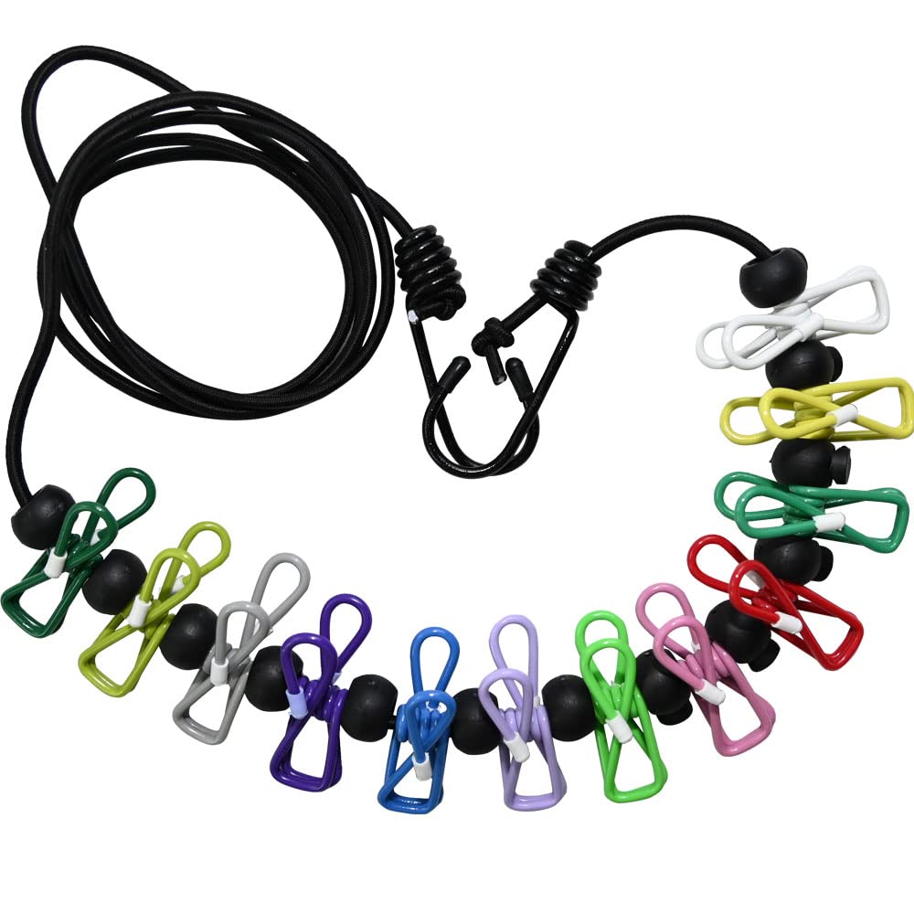 Ram® Portable Clothesline Elastic Washing Adjustable Rectractable Airer Windproof Clothes Line With 12 x Washing Pegs Camping Travel Clothes Line