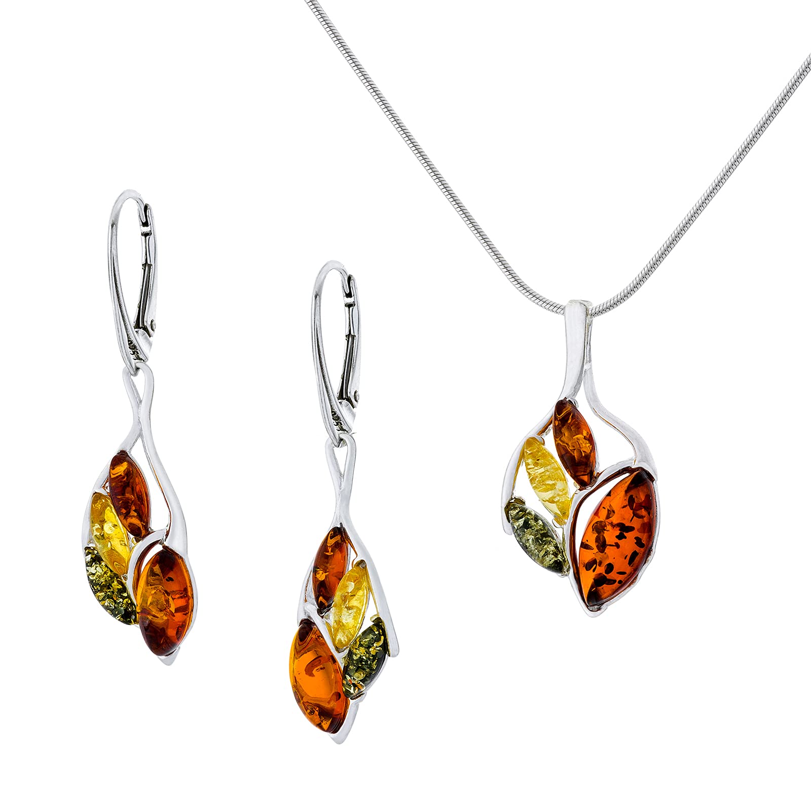 AMBEDORA Small Women's Jewellery Set Sabine, Polished Sterling Silver, Colourful Baltic Amber, Silver Pendant on Chain and Earrings