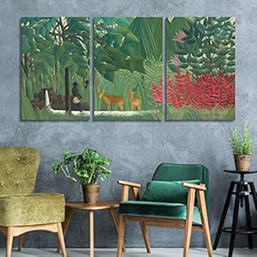 3 Panel World Famous Painting Reproduction on Canvas Wall Art - The Waterfall by Henri Rousseau - Modern Home Art Ready to Hang - 16"x24" x 3 Panels