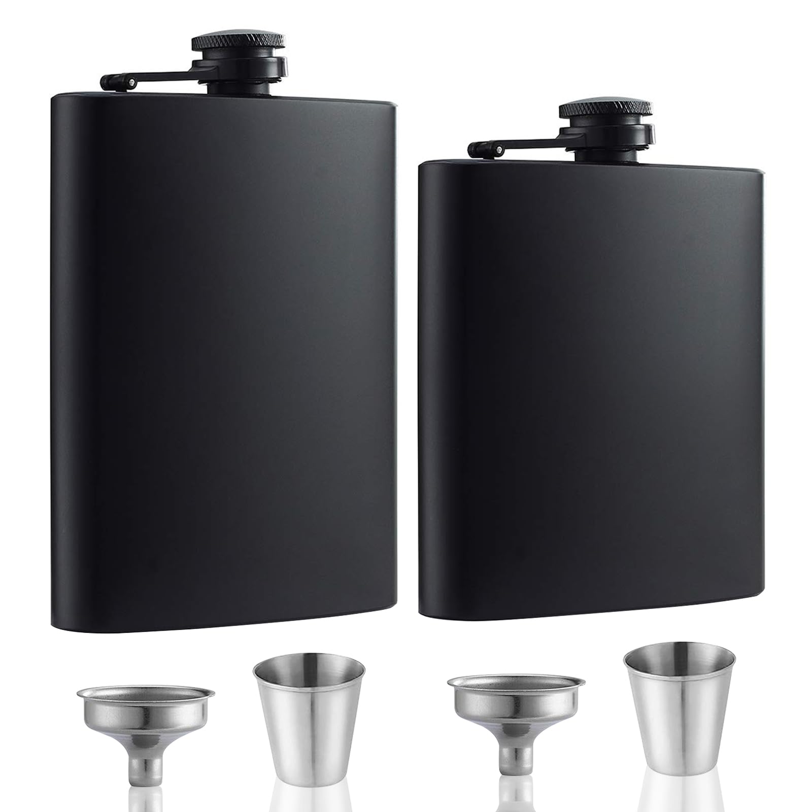 2 Pack Stainless Steel Leakproof Hip Flasks - 8 Oz & 12 Oz with Funnels, Cups & Never-Lose Metal Cap - Perfect for Wedding Party Gifts & Outdoor Activities