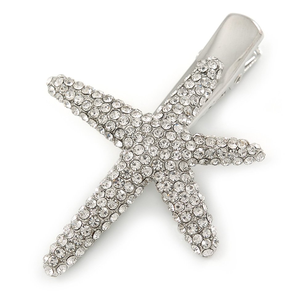 Clear Crystal Starfish Hair Beak Clip/Concord Clip/Clamp Clip In Silver Tone - 65mm L