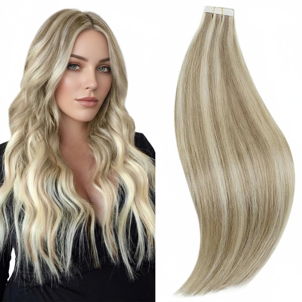 RUNATURE Tape in Hair Extensions Real Human Hair Ash Brown Highlight Platinum Blonde Invisible Tape Hair Extension Straight Human Hair 14 Inch 50g #8P60