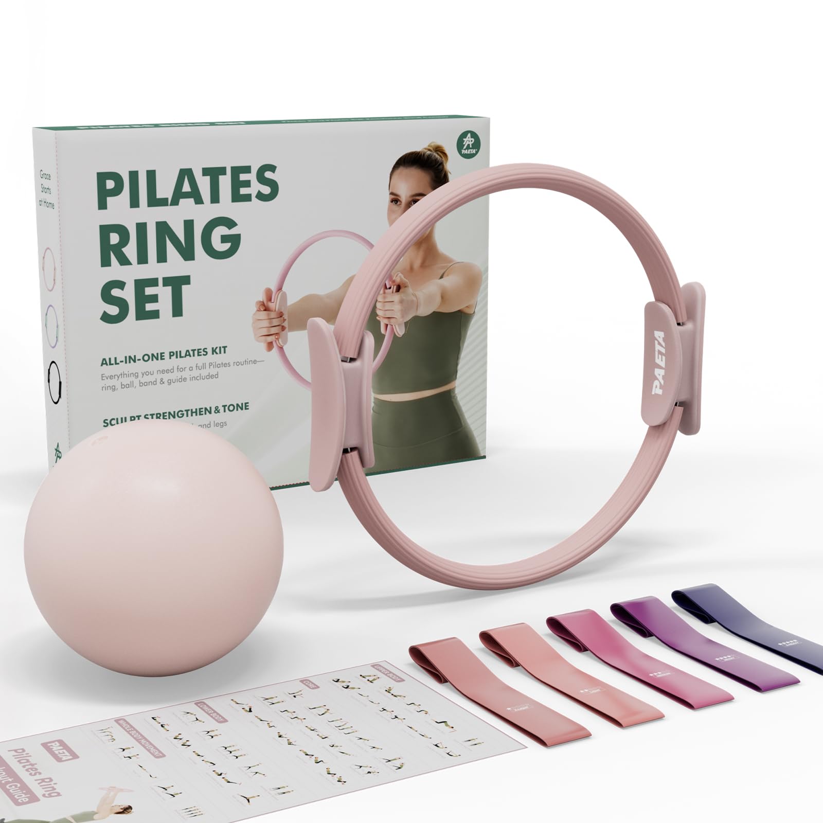 Photo 1 of PAETA Pilates Ring Set – 14” Magic Circle (38 lbs Resistance), 9.8” Pilates Ball, 5 Resistance Bands, and Exercise Guide Included for Home Workouts(Pink)