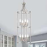 XINGQI Brushed Nickel Chandeliers for High Ceilings, 8 Light Lantern Tiered Chandelier Modern Farmhouse Cage Pendant Lighting