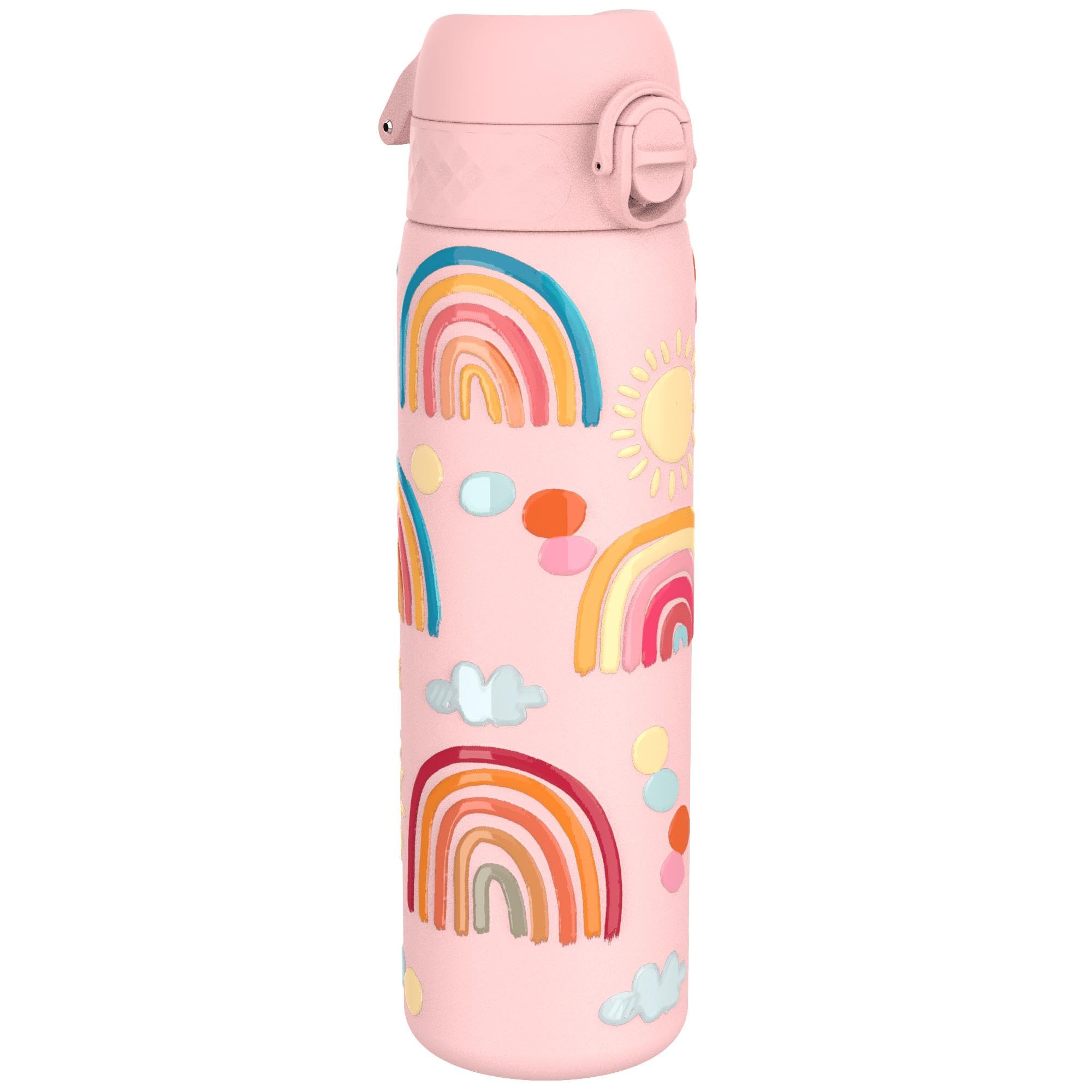 Ion8 Vacuum Insulated Steel Water Bottle, 500 ml/18 oz, Leak Proof, Easy to Open, Secure Lock, Dishwasher Safe, Fits Cup Holders, Carry Handle, Scratch Resistant, Metal Water Bottle, Rainbows Design