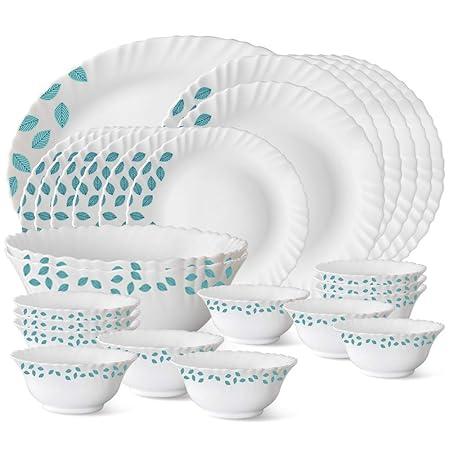 Larah by Borosil Blue Leaves Opalware Dinner Set, 27-Pieces, White