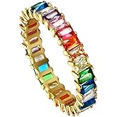 Michooyel Sterling Silver Eternity Rainbow Ring Band Ring for Women 18K Gold Plated Baguette Multicolor Cubic Zirconia Eternity Ring