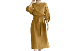 SHOPESSA Linen Dresses for Women 2024 Casual Solid Color Work Dress Long Sleeve Tie Waist Knee Length Dress Boho Dress