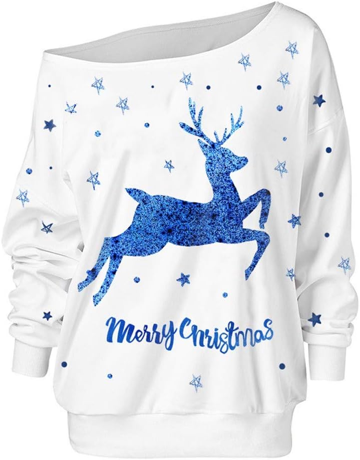 SMILEQ Top Women Christmas Blouse Elk Print Loose Pullover Long Sleeve Tops Off Shoulder Sweatshirt