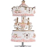 Carousel Music Boxes for Girls 3-Horse Rotating Windup Melody Castle in The Sky Color Change LED Lights Musical Gift for Daughter Birthday Christmas Festival Music Box Artware Pink