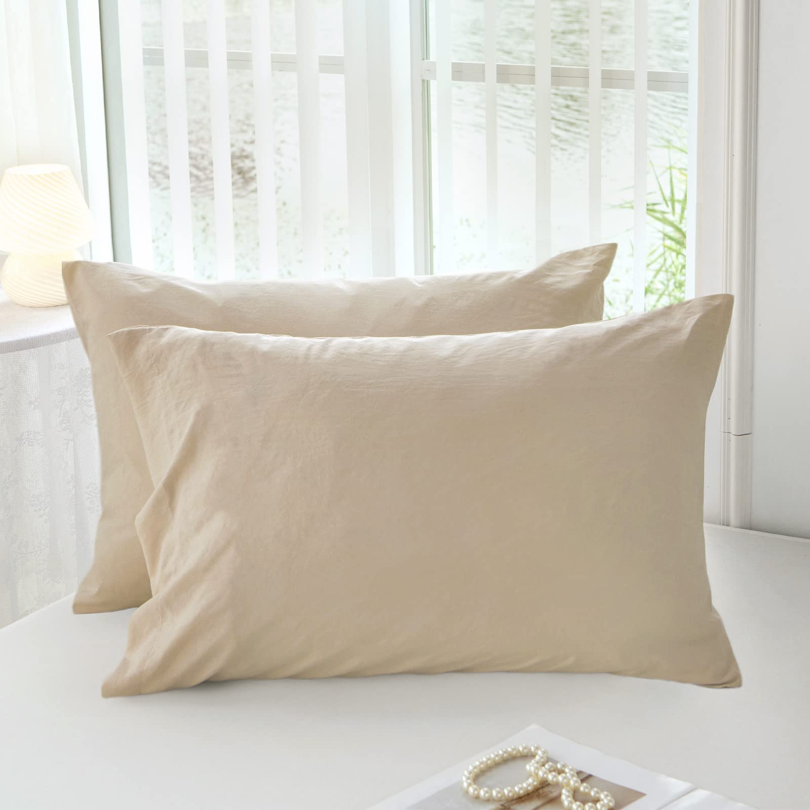 Photo 1 of MILDLY Super Soft Pillowcase - Washed Microfiber Lightweight Pillow Cases King Size Light Khaki 2 Count, Easy Care and Fade Resistant Stain Resistant 20x36 Inches