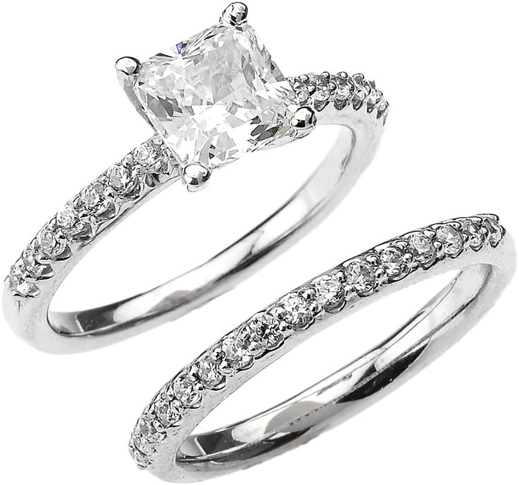 10k White Gold 2.5 Carat Total Weight Princess CZ Classic Engagement Wedding Ring Set