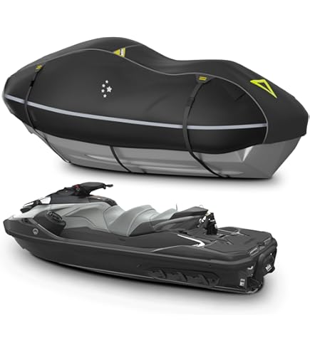 Seadoo Cover NIGOOLATA Jet Ski Cover 3 Seater Heavy Duty Waterproof 210D Trailerable PWC Jetski Cover For Sea-Doo Yamaha Wave Runner 136"-145" - Black With Blue In Seadoo Accessories - Foto 11