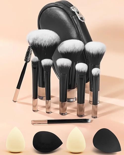 PGRODE Mini Travel Makeup Brushes Set, 14 Pieces, Portable Full Complete Function Cosmetic Kit with Brush Pouch, On the Go Short Makeup Brush Small Travel Essentials for Women, Girls (Black)