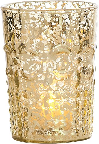 Luna Bazaar Vintage Mercury Glass Vase or Candle Holder (4-Inch, Fleur Design, Flower Motif, Gold) - For Home Decor, Party Decorations, and Wedding Centerpieces