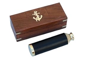 Hampton Nautical Captain's Brass/Leather Spyglass Telescope with Rosewood Box, 15", Brass