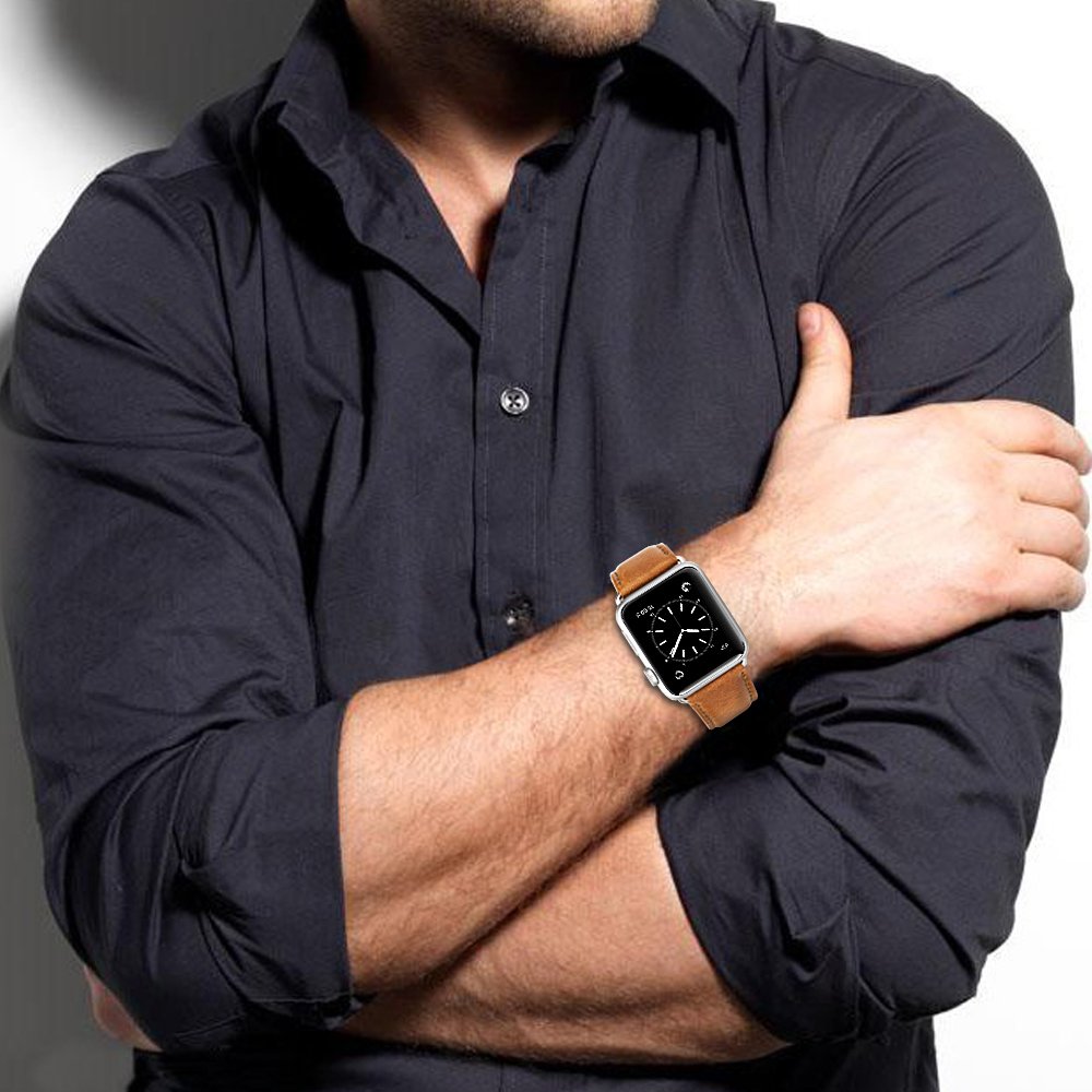 Apple Watch Leather Band, 42mm Vintage Apple Watch Series 3 Band Genuine Leather Replacement Band with Classic Stainless Steel Buckle for All 42mm Apple Watch Series 1 & Series 2 (42mm Brown)