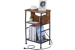YEAKOO 3 Tier Narrow Side Table with Charging Station, Slim End Table Nightstand Table Storage Shelf With Hidden USB Ports , Two Installation Methods For Small Spaces/Bedroom/Living Room/Office,Rustic Brown