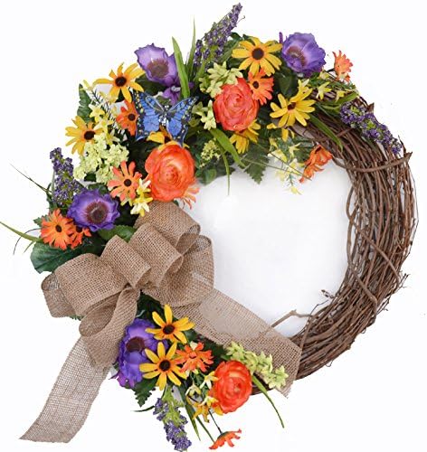 Vibrant Silk Flower Wreath with Burlap Bow &amp; Butterfly WR4951