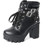 MEOTINA Goth Platform Boots Lace Buckle Gothic Cosplay Booties Chunky High Heels Ankle Boots Zipper Punk Shoes