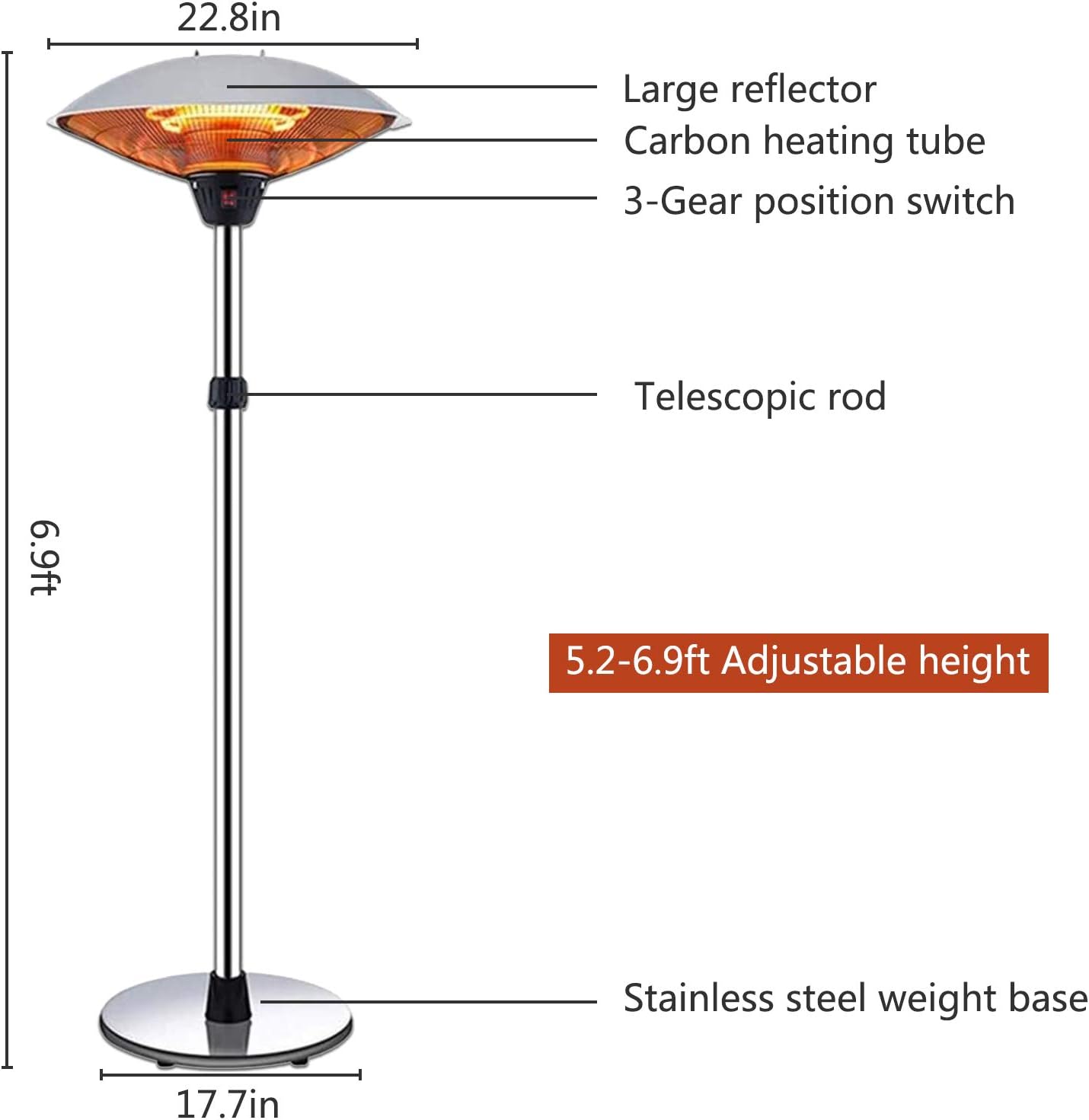 Patio Heaters for Outdoor - Stainless Steel Outdoor Heater 3 Levels Adjustable Power Waterproof, Dump Power off Electric Outdoor Heaters for Patio 110V: Kitchen & Dining