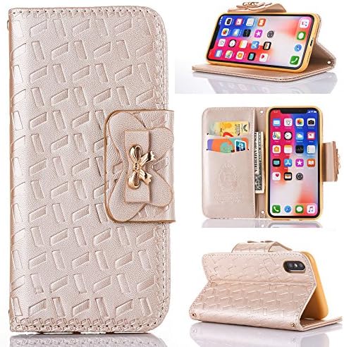 iPhone X Wallet Case, Wastou Protective Leather Flip Cover Card Holder Wallet Case with Money Slot Magnetic Closure for Apple iPhone X (Gold)
