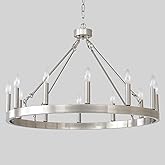VBKK 32" Silver Wagon Wheel Chandelier, 12-Light Farmhouse Brushed Nickel Wagon Wheel Chandelier for Dining Room, Modern Roun