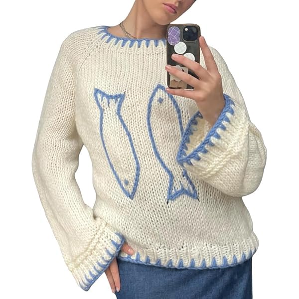 トップス Fluffy loose knit andmary Women Y2k Oversized Loose Sweater Fish Contrast Color Long