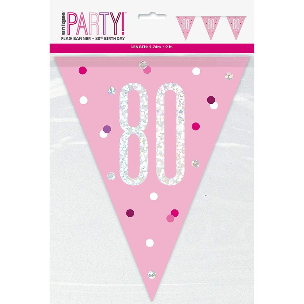 Unique 83457 Pink Plastic Pennant Banner-9' Silver | 1 Pc, Age 80