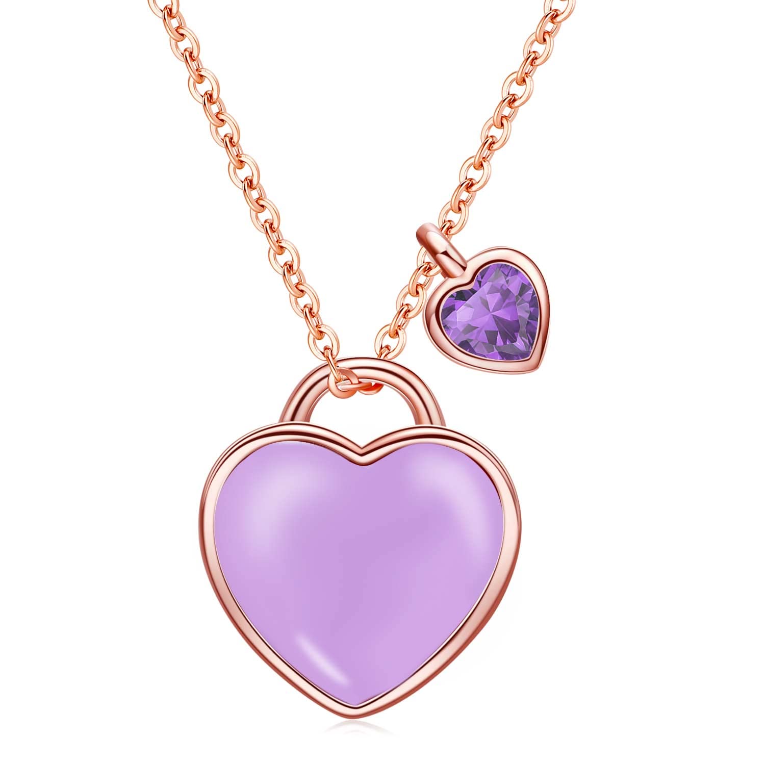 Qings February Birthstone Amethyst Necklace - Sterling Silver Rose Gold Double Heart Lock Pendant Purple Heart-shaped CZ Dainty Forever Love Adjustable Chain Birthdays Gifts for Girlfriend Daughter