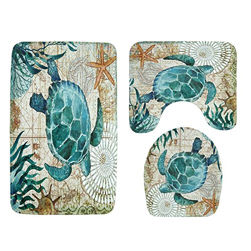 SUKEQ 3 Piece Bath Mats, Colorful Wood Grain Bathroom Carpet Rug Non Slip Bathroom Mat Set Â  (Sea turtle)